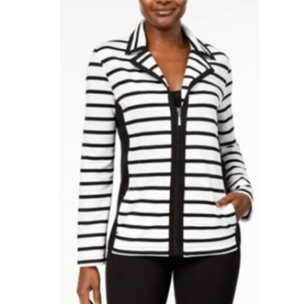 Karen Scott Sport Striped Zip Jacket L Black White Stretch Knit Notch Collar